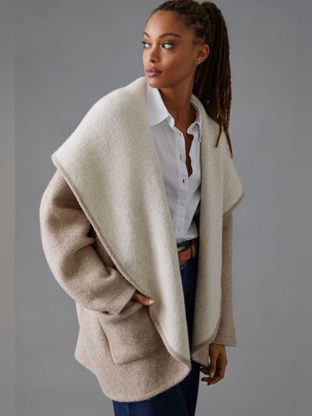 Anthro Hygge Cardigan XS/S Two-Tone tan Oversized wool blend chunky boxy